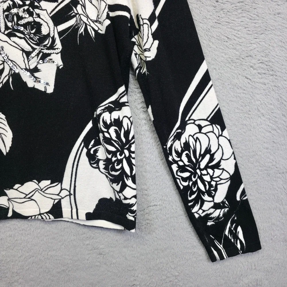 Pierri NY Sweater Womens M Black White‎ Floral Sequin Beaded Monochrome Elegant